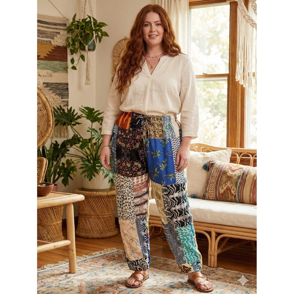 Peaceful People patchwork hippie boho pants multicolored size large‎ women's